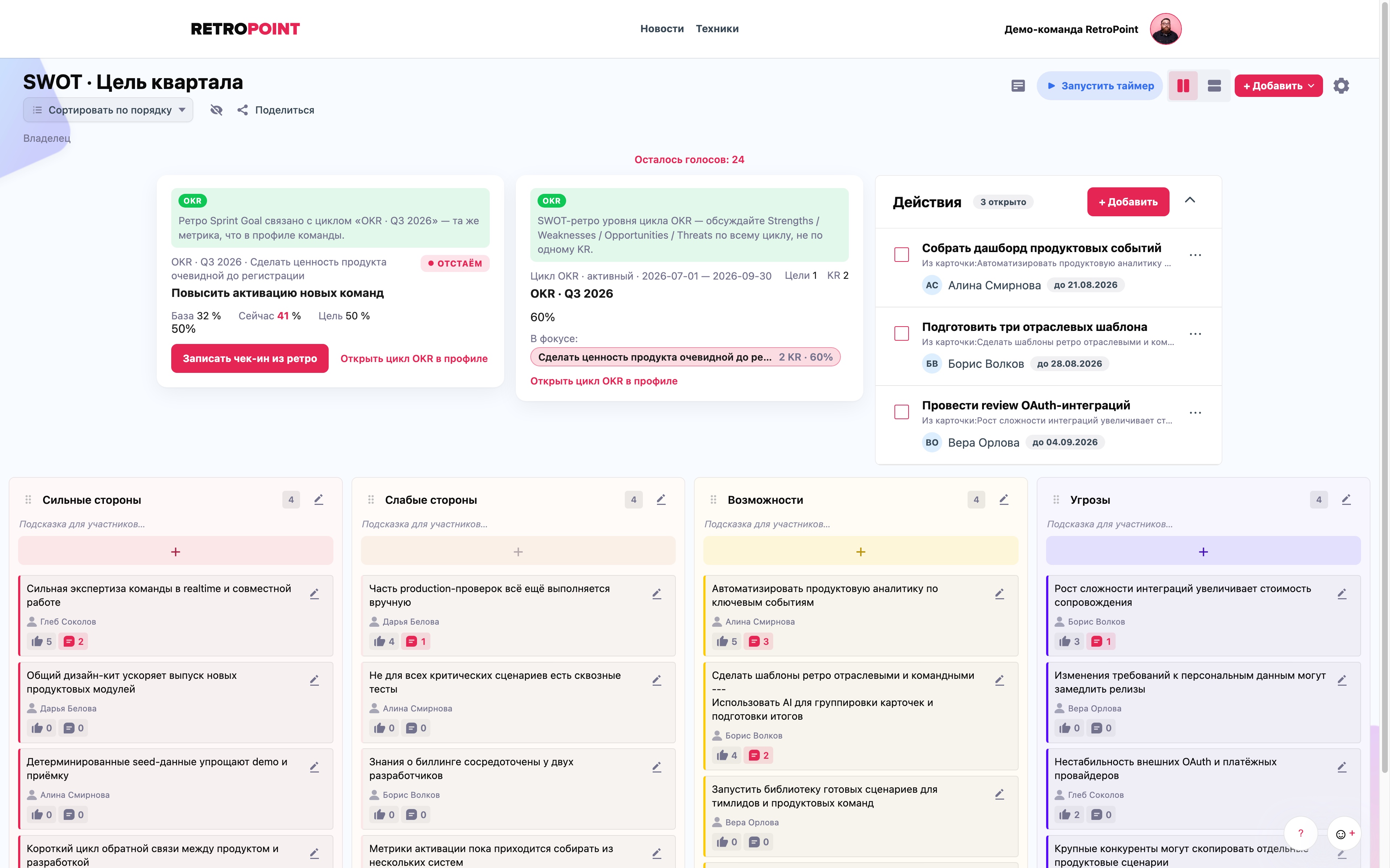 SWOT-доска с карточками команды и связанными блоками OKR
