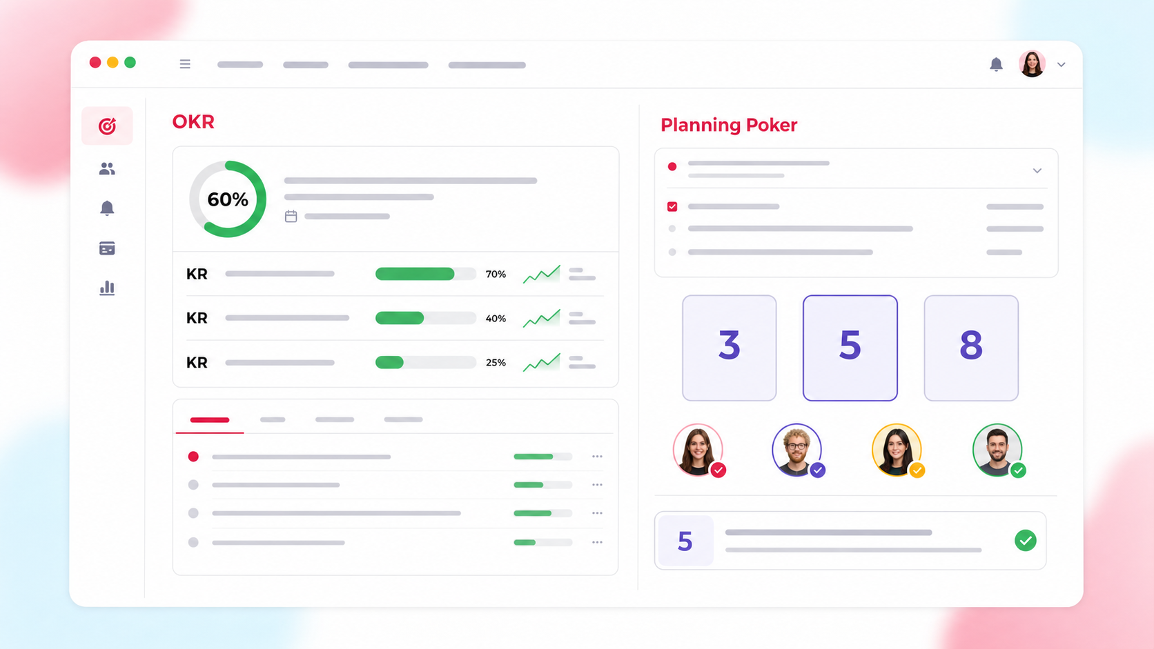 Интерфейс OKR с прогрессом Key Results и совместной оценкой задачи участниками в Planning Poker