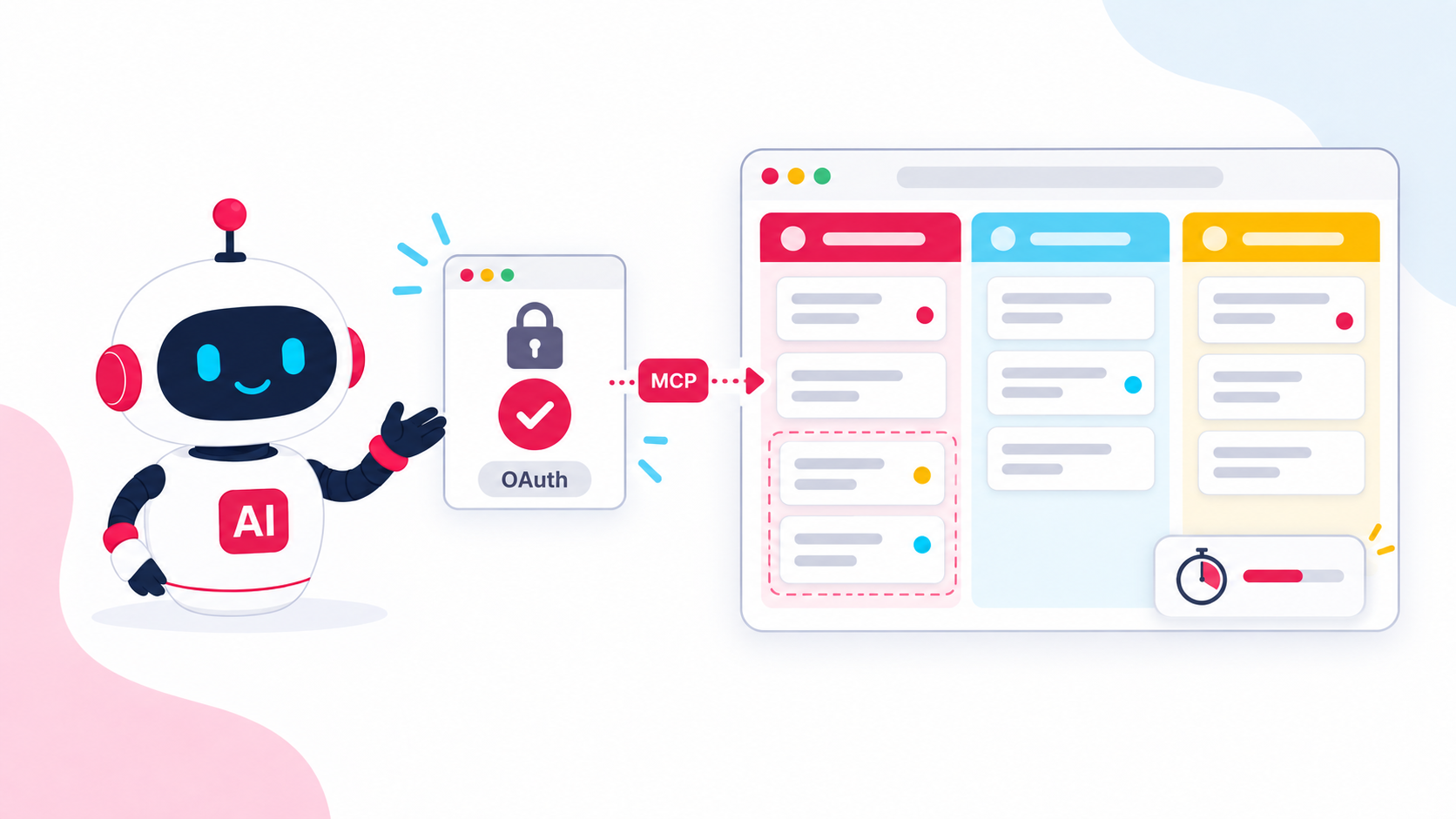 Робот из анонса MCP подключается через OAuth к ретро-доске с группами карточек и таймером