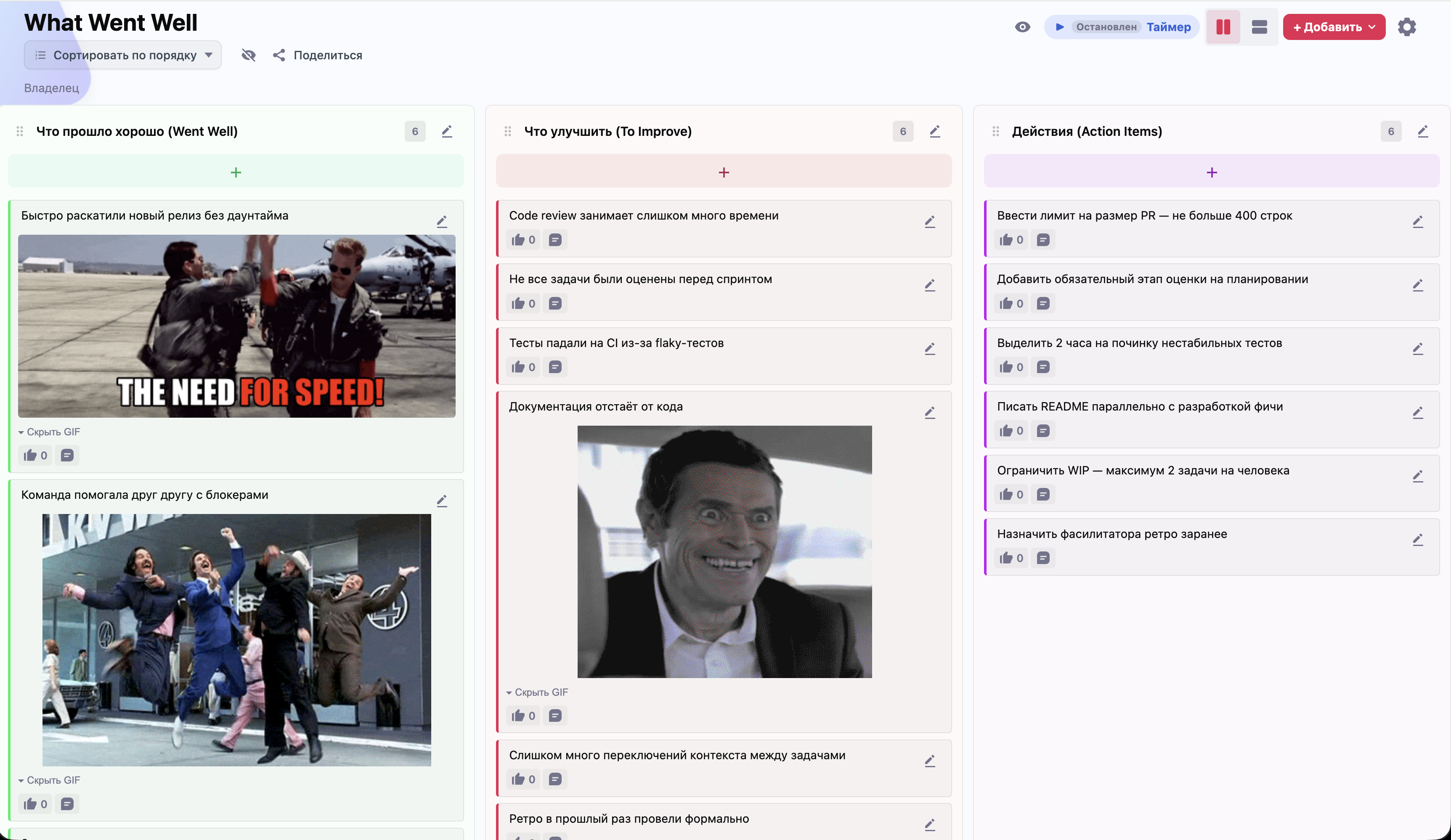 Доска RetroPoint с шаблоном ретроспективы What Went Well